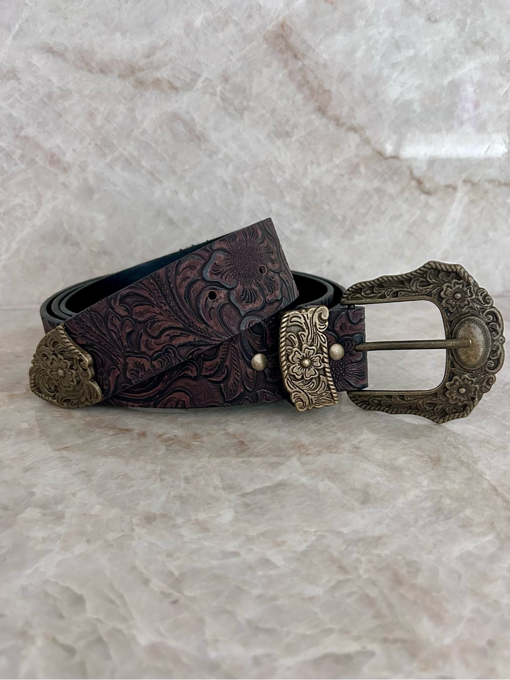 Western-Style Brown Embossed Belt with Ornate Brass Buckle - Plus Size